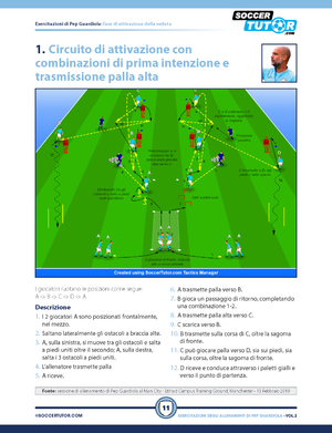 A diagram from SoccerTutors Pep Guardiola 85 esercitazioni per trasmissione palla, rondos, giochi di possesso e circuiti tecnici shows a gioco di posizione drill with Italian instructions, ball movement arrows, and player runs.