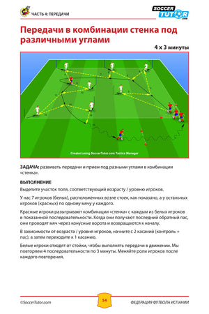 A SoccerTutor diagram from ФЕДЕРАЦИЯ ФУТБОЛА ИСПАНИИ - ПРОГРАММА ТРЕНИРОВОК 9-12 ЛЕТ shows youth passing drills with arrows for ball/runs and Russian tips for развитие молодых игроков.