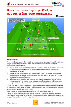 An illustrated drill from SoccerTutor’s ФЕДЕРАЦИЯ ФУТБОЛА ИСПАНИИ - ПРОГРАММА ТРЕНИРОВОК 9-12 ЛЕТ shows players in red/yellow bibs practicing passing and counterattacks; arrows show movement, with Russian instructions below.