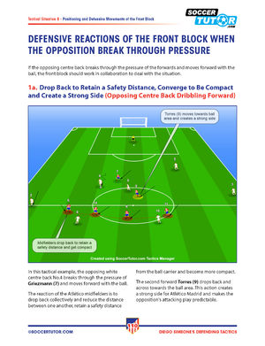 The Diego Simeone Defending Tactics - Tactical Analysis and Sessions from Atlético Madrid’s 4-4-2 by SoccerTutor features a diagram with red and white players versus blue, showing defensive movements and reactions during opposition attacks.
