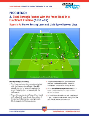 A diagram inspired by SoccerTutors Diego Simeone Defending and Attacking Tactics: Tactical Analysis and Sessions from Atlético Madrid’s 4-4-2 - 2 Book Bundle shows two teams with goalkeepers practicing block passes, marked zones, player movement, and setup details.
