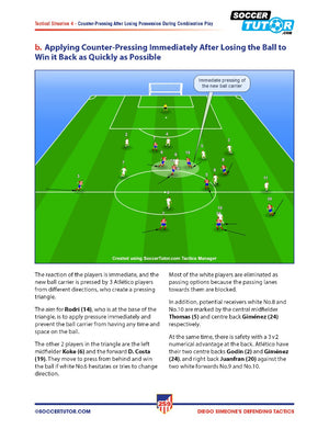 A SoccerTutor diagram from Diego Simeone Defending and Attacking Tactics: Tactical Analysis and Sessions from Atlético Madrid’s 4-4-2 - 2 Book Bundle shows counter-pressing steps with player positions, movement arrows, and a summary of the tactics.