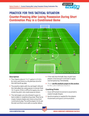 SoccerTutor’s "Diego Simeone Defending Tactics - Tactical Analysis and Sessions from Atlético Madrid’s 4-4-2" shows a soccer field diagram with player markers, arrows, and analysis on counter-pressing after losing possession.