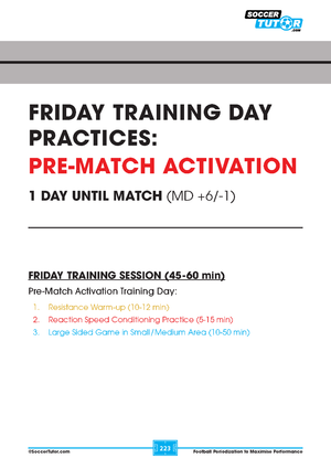 The SoccerTutor "Football Periodization and Conditioning 3 Book Bundle" provides Friday session plans with resistance warm-ups, reaction speed drills, and large-sided games to boost pre-match performance. Includes 156 practices for effective season training.