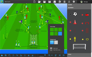 The SoccerTutor Tactics Manager Pro app displays a digital soccer drill diagram with player movements, cones, hurdles, mannequins, and balls on a green field; tool icons are on the right and a settings menu appears in the center foreground.