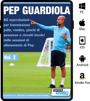 Cover of the SoccerTutor digital book Pep Guardiola 85 esercitazioni per trasmissione palla... showing Guardiola in sportswear pointing, with Italian text and icons for PC, Mac, iOS, Android, and Kindle Fire on the right.