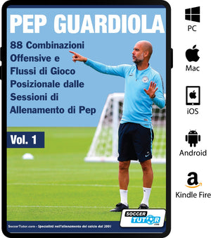 Pep Guardiola, in a blue tracksuit on the field, coaches while promoting Pep Guardiola - 88 Combinazioni Offensive e Flussi di Gioco Posizionale dalle Sessioni di Allenamento di Pep by SoccerTutor, available on multiple digital platforms.