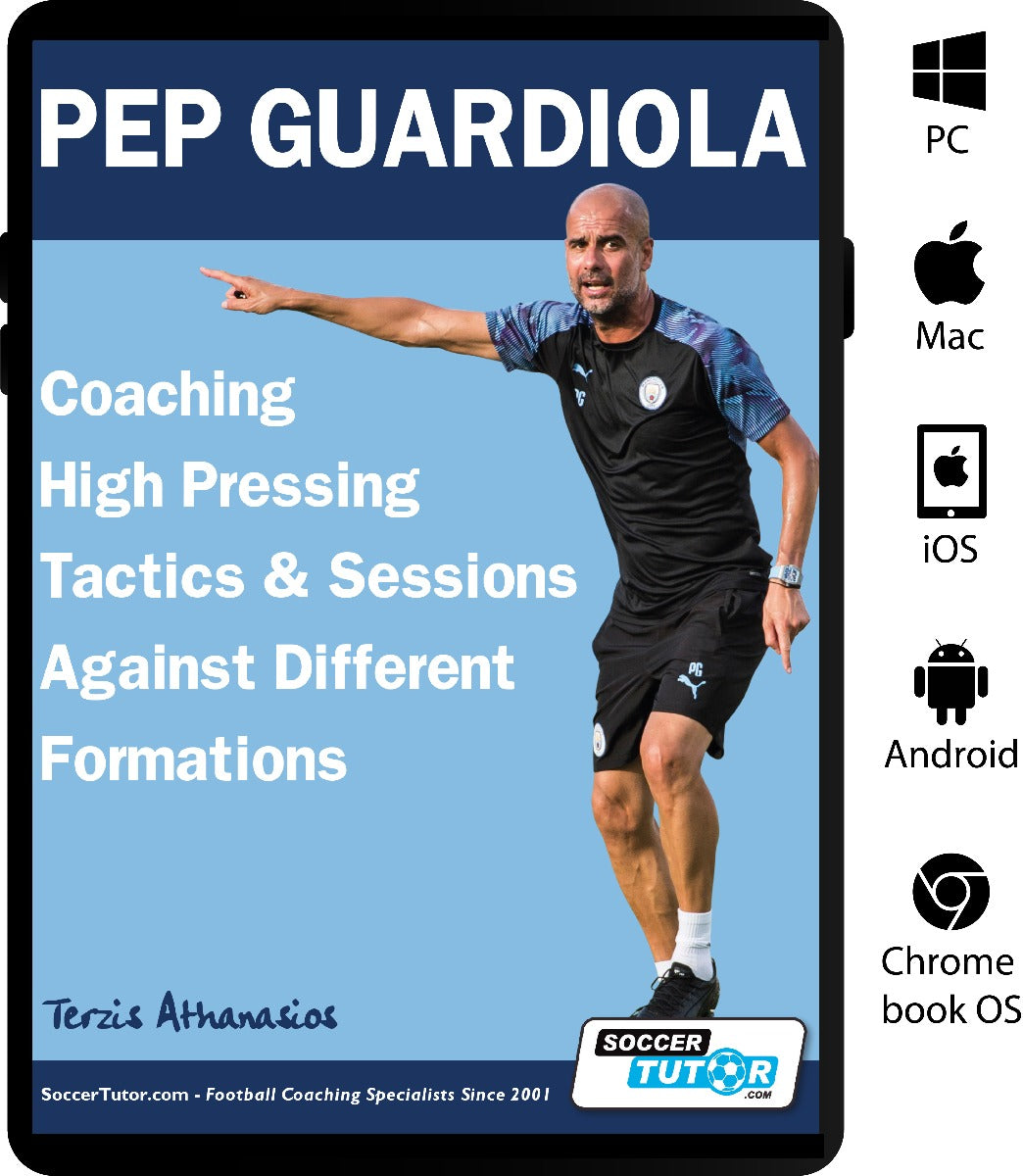 A tablet screen shows a high-quality image of the SoccerTutor book Pep Guardiola - Coaching High Pressing Tactics & Sessions Against Different Formations, featuring Guardiola pointing with platform icons on the right.