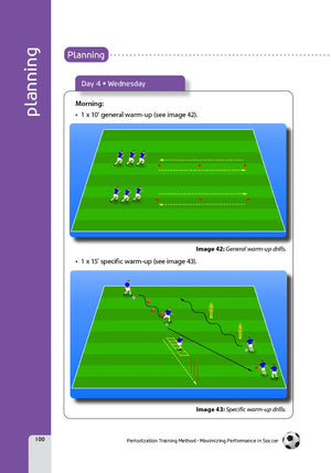 The Training Periodization for Maximizing Soccer Performance page by SoccerTutor features diagrams: one with players warming up using cones, and another showing targeted warm-up drills with hurdles, ladders, and cones to boost fitness and soccer skills.