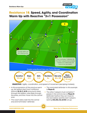 SoccerTutor’s Warm Ups to Maximise Performance: 50 Practices features drills with players running between cones and ladders, ball passing, and a reactive 3v1 game, with instructions and key details included for youth to pro training.