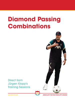 A man in sportswear gestures with his right hand while standing next to a soccer ball. Red text above reads: Jürgen Klopp Vol 1 & 2 Bundle – 182 Practices Direct From Klopp's Training Sessions by SoccerTutor.