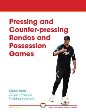 A man in sportswear walks on grass with a soccer ball. Large red text reads “Jürgen Klopp Vol 1 & 2 Bundle – 182 Practices Direct From Klopp's Training Sessions,” by SoccerTutor. Inspired by Klopp’s dynamic rondos and possession games.