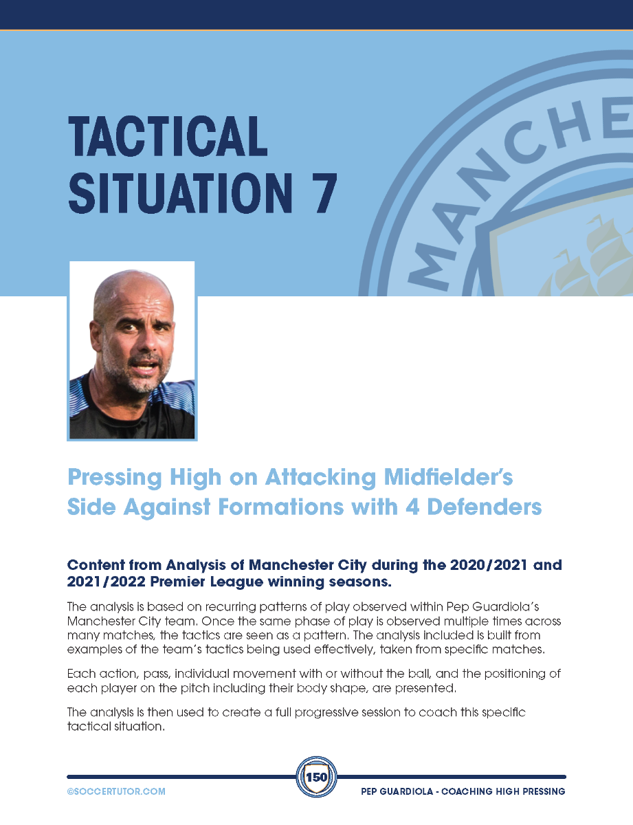 The cover page for Pep Guardiola - Coaching High Pressing Tactics & Sessions Against Different Formations by SoccerTutor features Pep, Man City’s logo, blue and white accents, and highlights high pressing against four-defender teams.