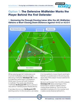 Pep Guardiola - Coaching High Pressing Tactics & Sessions Against Different Formations by SoccerTutor features diagrams with clear player roles, passing lane arrows, and text to explain narrowing options in 4-4-2 or 4-2-3-1 setups.
