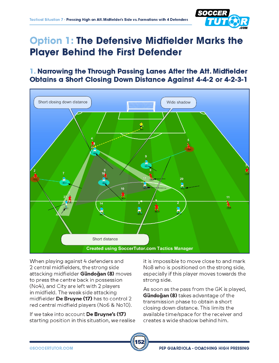 Pep Guardiola - Coaching High Pressing Tactics & Sessions Against Different Formations by SoccerTutor features diagrams with clear player roles, passing lane arrows, and text to explain narrowing options in 4-4-2 or 4-2-3-1 setups.