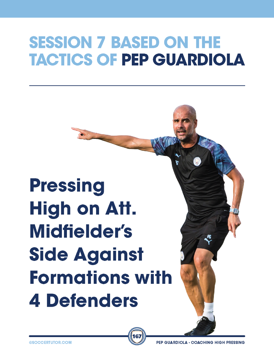 A coach in SoccerTutor sportswear points forward, demonstrating a tactical move. The text reads: Pep Guardiola – Coaching High Pressing Tactics & Sessions Against Different Formations—boost your SEO-driven training content.