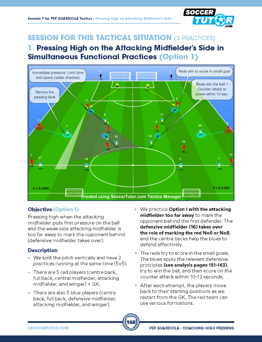 SoccerTutor’s Pep Guardiola - Coaching High Pressing Tactics & Sessions Against Different Formations features high-quality diagrams with clear movement arrows, highlighted zones, text alignment, and numbered positions for easy tactical understanding.