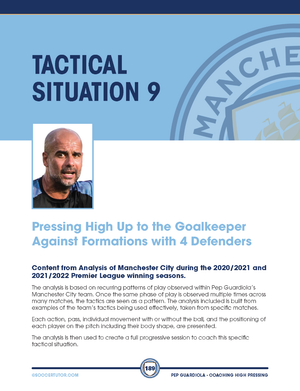 The SoccerTutor poster Pep Guardiola - Coaching High Pressing Tactics & Sessions Against Different Formations features a high-quality image of a bald man with a beard and details high pressing against four-defender setups.