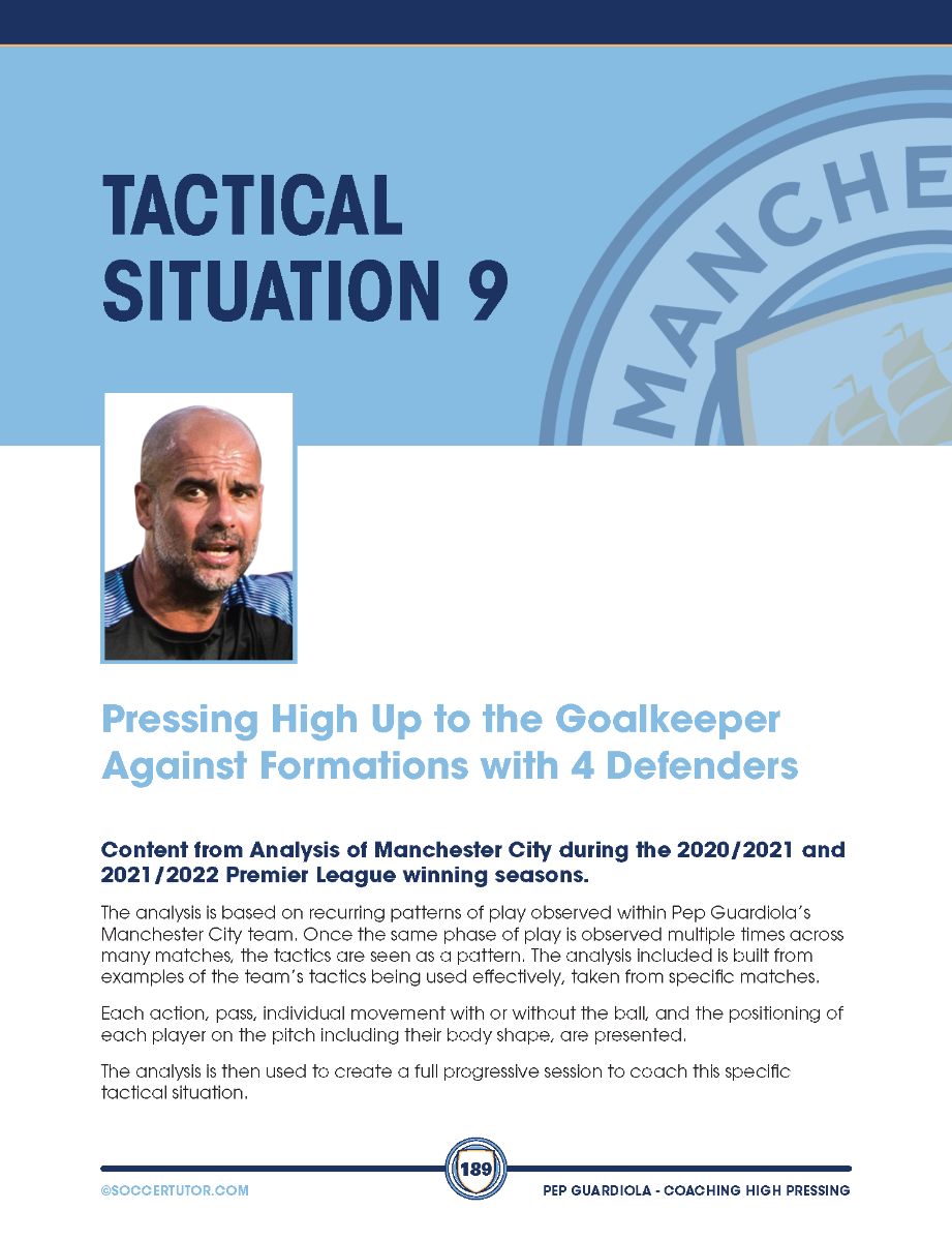 The SoccerTutor poster Pep Guardiola - Coaching High Pressing Tactics & Sessions Against Different Formations features a high-quality image of a bald man with a beard and details high pressing against four-defender setups.