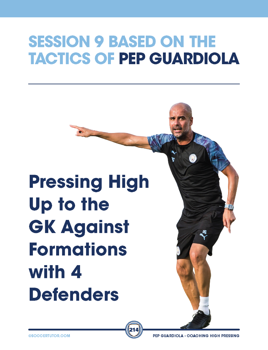 A soccer coach in athletic gear points forward. The text reads: Pep Guardiola - Coaching High Pressing Tactics & Sessions Against Different Formations by SoccerTutor—ideal for coaches seeking SEO keywords to boost their online visibility.