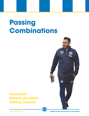 A soccer coach in a navy tracksuit walks while holding notes. The Helvetica Neue cover text reads: Roberto De Zerbi - 92 Build Up, Passing Combinations and Attacking Positional Practices Direct from De Zerbi’s Training Sessions by SoccerTutor. Blue and yellow accents decorate the page.