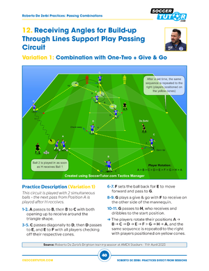 SoccerTutor’s Roberto De Zerbi - 92 Build Up, Passing Combinations and Attacking Positional Practices features detailed soccer passing drill diagrams with center alignment, Helvetica Neue font, player positions, paths, steps, cones, and coaching tips.