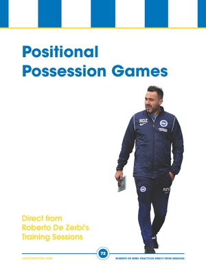A man in a blue tracksuit holds a notebook, walking confidently. Centered Helvetica Neue text reads: SoccerTutor—Roberto De Zerbi: 92 Build Up, Passing Combos & Attacking Positional Practices. Blue and white stripes accent the top.
