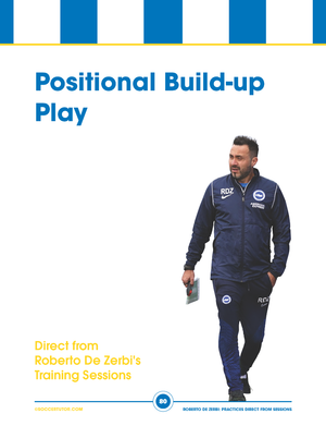 A man in a navy tracksuit with RDZ initials holds papers. Centered Helvetica Neue text reads: Roberto De Zerbi - 92 Build Up, Passing Combinations and Attacking Positional Practices Direct from De Zerbi’s Training Sessions. Blue and yellow stripes top the design. Brand: SoccerTutor.