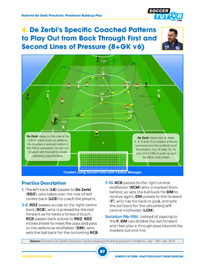 A SoccerTutor diagram from Roberto De Zerbi - 92 Build Up, Passing Combinations and Attacking Positional Practices shows player positions, build-up play, movements, and passing routes in Helvetica Neue with side instructional text.