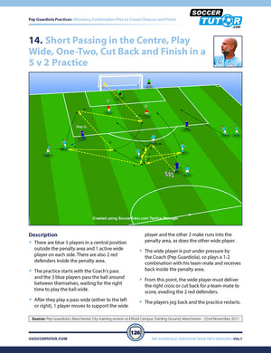 A diagram from SoccerTutor’s Pep Guardiola Volume 1 & 2 Bundle shows blue and red bib players near the penalty area, illustrating attacking combinations and patterns from Pep’s 5v2 practices, with text instructions below.