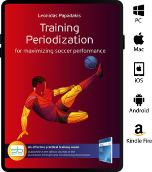 The SoccerTutor e-book cover, Training Periodization for Maximizing Soccer Performance, shows a soccer player kicking a ball, with device icons for PC, Mac, iOS, Android, and Kindle Fire displayed on the right.