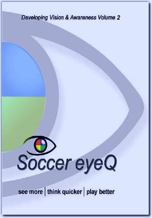 The cover of SoccerTutor’s Soccer eyeQ Developing Vision & Awareness Vol. 2 has an abstract eye with a multicolored pupil, symbolizing coaching for game vision and displaying “see more | think quicker | play better.”.