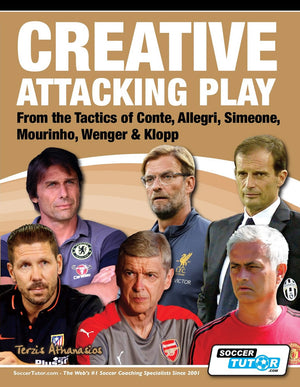 Cover of SoccerTutor’s “Creative Attacking Play - From the Tactics of Conte, Allegri, Simeone, Mourinho, Wenger & Klopp,” showcasing top managers and their winning tactics for inspiring creative soccer attacks.