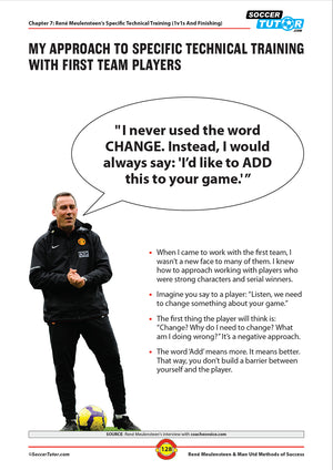 A coach in black gear stands on the field, quoting René Meulensteen on positive communication. Training tips are inspired by "René Meulensteen & Man Utd Methods of Success (2007-2013)" from SoccerTutor.