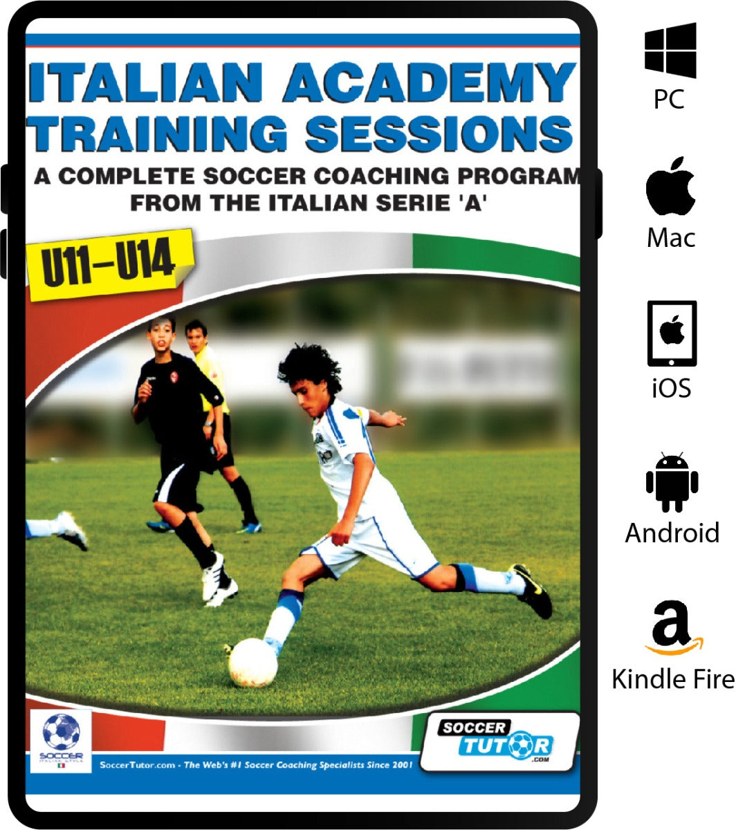 The SoccerTutor Italian Academy Training Sessions Book for U11-14 features an action-packed cover with two youth soccer players and offers a complete coaching program, engaging content, and multi-platform compatibility.