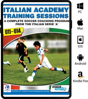 The SoccerTutor Italian Academy Training Sessions Book for U11-14 features an action-packed cover with two youth soccer players and offers a complete coaching program, engaging content, and multi-platform compatibility.