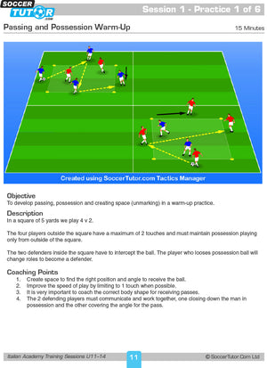 The Italian Academy Training Sessions U11-19 2 Book Bundle by SoccerTutor features soccer drills like two teams of four in a square with two defenders. Players pass while defenders intercept. Coaching points and session diagrams included.