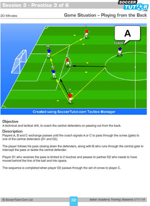 The SoccerTutor Italian Academy Training Sessions Book for U11-14 offers diagrams with four players and a goal, showing passing sequences and movement drills, ideal for coaching with clear arrows for ball movement and player runs.