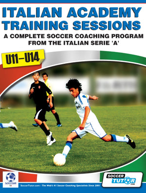 A soccer player in white and blue runs with the ball while two in black chase behind, promoting SoccerTutor’s "Italian Academy Training Sessions Book for U11-14 – A Complete Coaching Program.