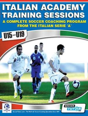 Three teenage players in white sprint across the field, one skillfully on the ball, as two in purple watch. This scene highlights SoccerTutor's "Italian Academy Training Sessions Book for U15-19 – A Complete Coaching Program.