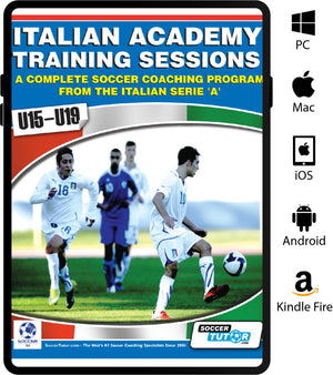 The DVD cover shows "Italian Academy Training Sessions Book for U15-19 - A Complete Coaching Program" by SoccerTutor, with soccer players in white kits and platform logos (PC, Mac, iOS, Android, Kindle Fire) on the right—ideal for player development.