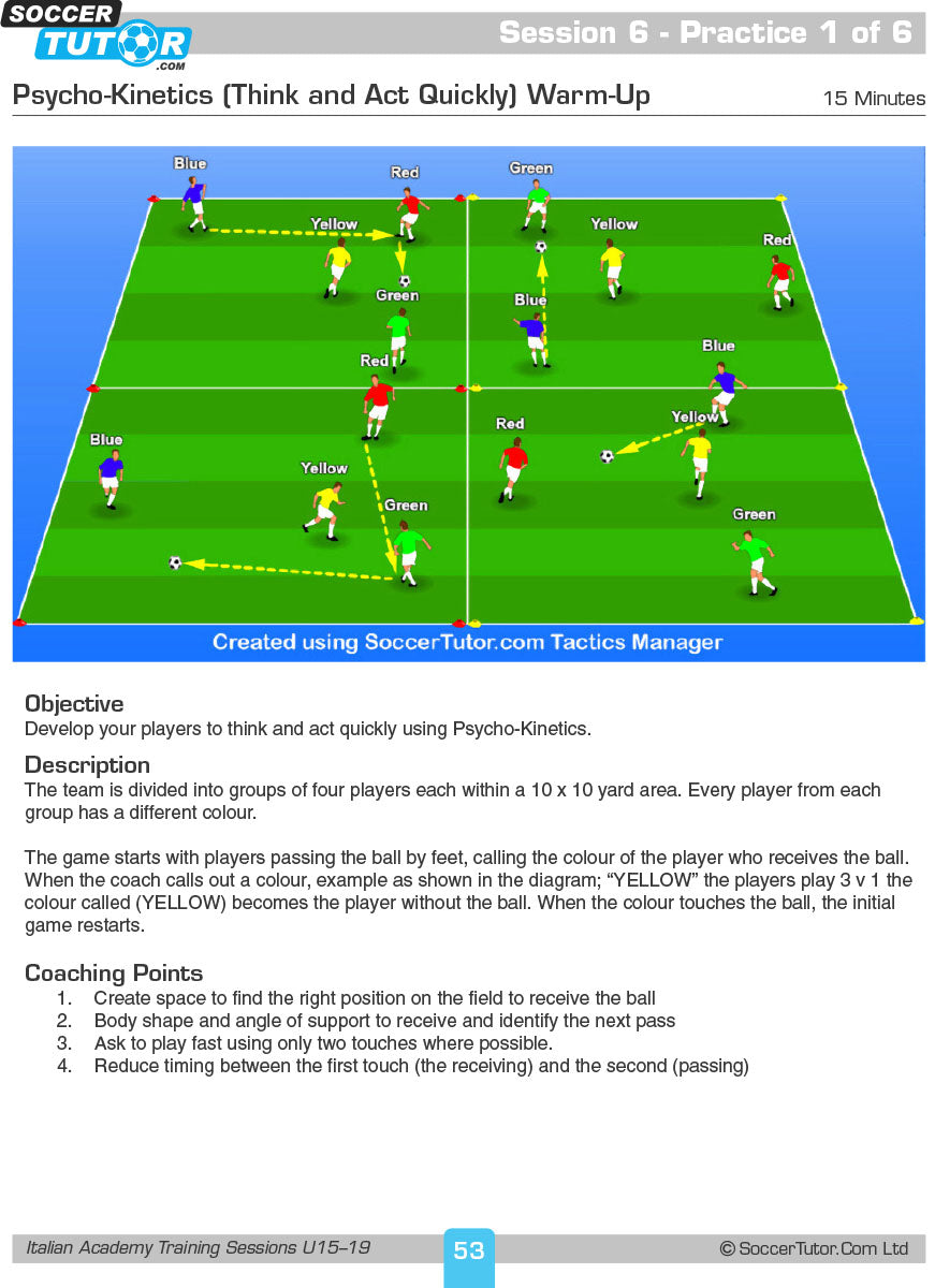 Italian Academy Training Sessions U11-19 - 2 Book Bundle by SoccerTutor features drills with two teams in colored bibs, reacting to coach’s calls and competing in zone-based exercises for dynamic skill development.