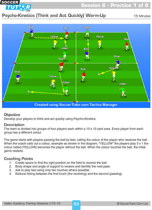 A diagram from SoccerTutor’s Italian Academy Training Sessions Book for U15-19 illustrates two teams of four in colored bibs on a marked field, ready to race for the ball when their color is called by the coach.