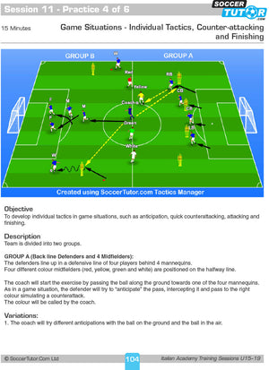 The Italian Academy Training Sessions Book for U15-19 by SoccerTutor features diagrams with two groups, A and B, positioned as defenders, midfielders, coach, and mannequins—ideal for complete coaching programs.