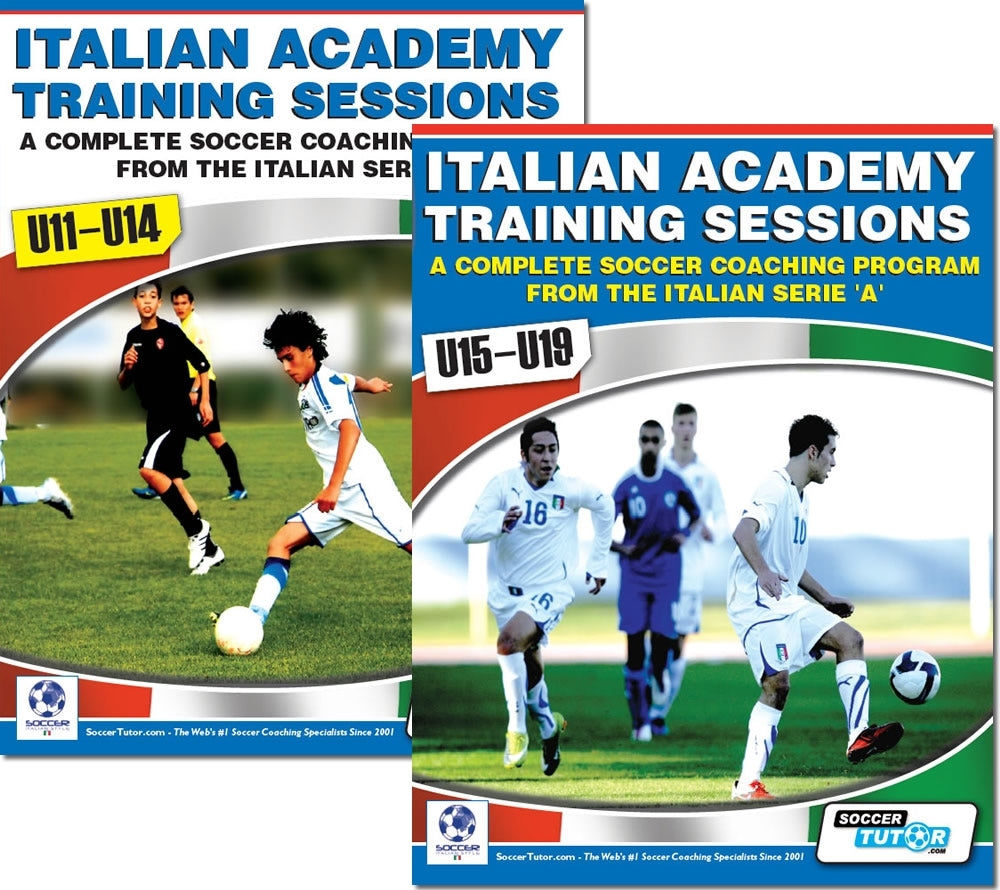 The SoccerTutor Italian Academy Training Sessions U11-19 - 2 Book Bundle features covers for U11–U14 (youth in black and white kits) and U15–U19 (older players in white kits)—note: HTML/CSS code not included.