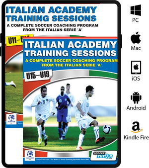 Two overlapping covers of SoccerTutor's "Italian Academy Training Sessions U11-19 - 2 Book Bundle" for ages U11–U14 and U15–U19. Icons show compatibility with PC, Mac, iOS, Android, and Kindle Fire. No HTML/CSS code included.