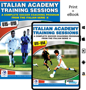 The SoccerTutor Italian Academy Training Sessions U11-19 - 2 Book Bundle features covers for U11-U14 and U15-U19, each with youth players in action. Available in print and eBook for complete soccer coaching guidance.