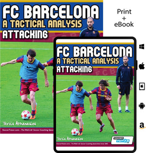 Cover image of SoccerTutor’s "FC Barcelona: A Tactical Analysis - Attacking," showing three players training and a coach in the background. Print and eBook editions appear side by side for comparison.