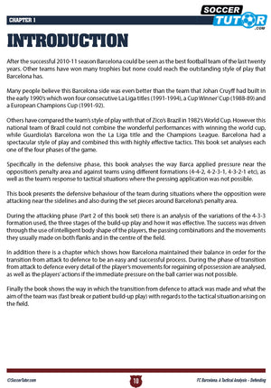 A page from FC Barcelona: A Tactical Analysis - Attacking and Defending - 2 Book Bundle by SoccerTutor reviews Barcelona’s tactics, previews content, and displays the SoccerTutor logo with a blue Chapter 1 label—ideal for coaching enthusiasts.