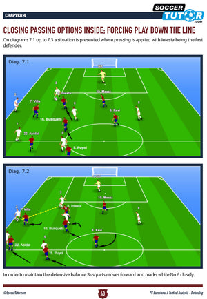 Diagram from FC Barcelona: A Tactical Analysis - Attacking and Defending - 2 Book Bundle by SoccerTutor shows Iniesta leading the press, with arrows highlighting player movement and passing for clear tactical insight.